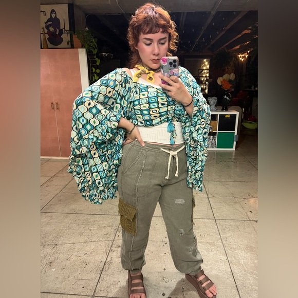 190B. Tie Waistband Cargo Denim Jogger - Green - Picture 5 of 7